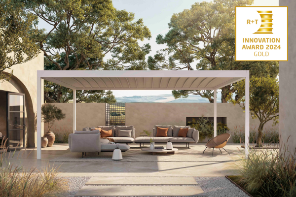 Light-coloured Corradi Alba Butterfly pergola shading sofas on a terrace among trees
