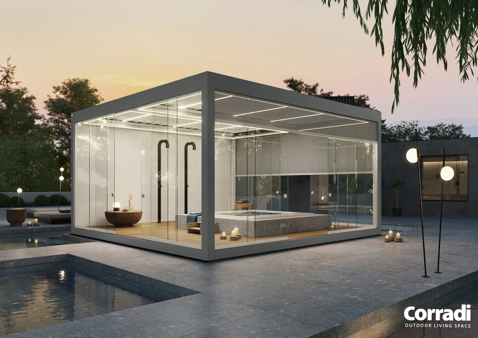 Corradi glass-enclosed pergola with lighting at sunset