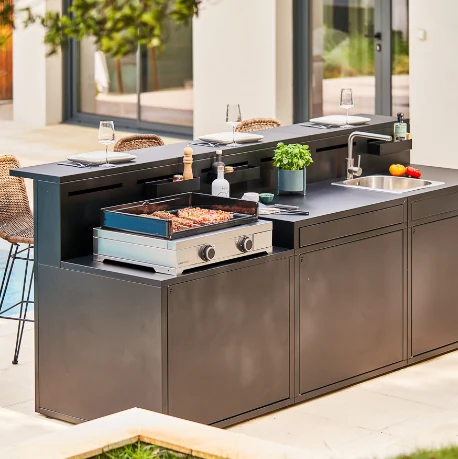 Gas plancha built into an outdoor kitchen